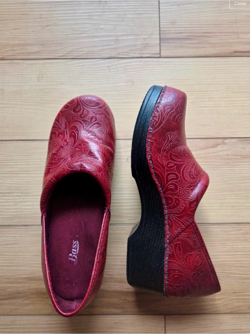 G.H. Bass & Co. Red Embossed Leather Clogs with Black Platform